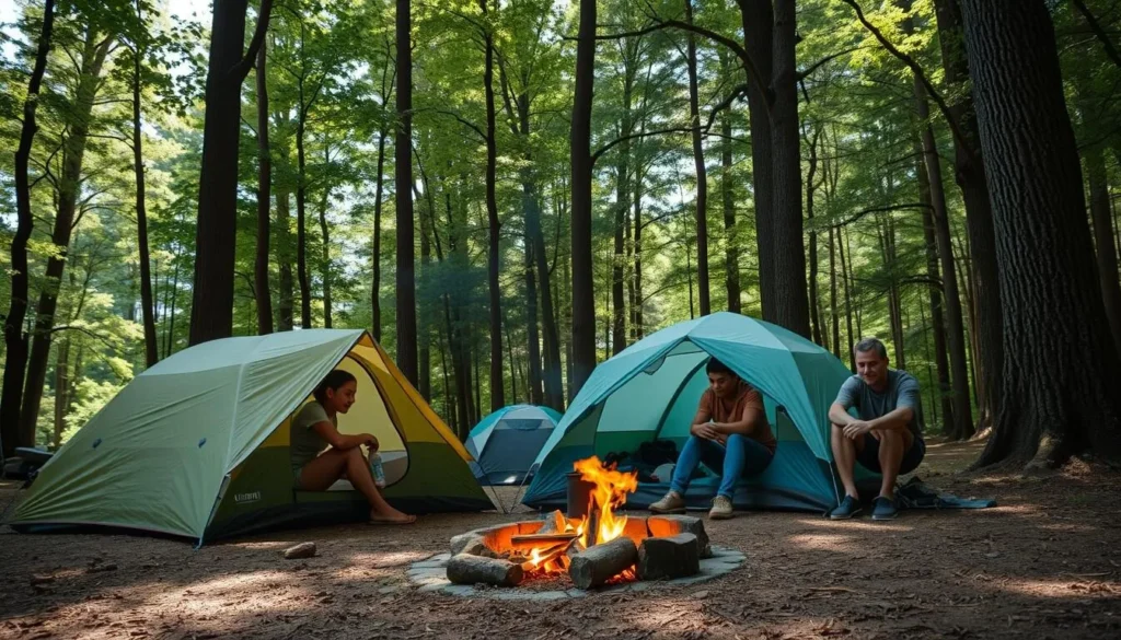 Campsite at Kentuck Campground in Ohiopyle State Park with tents and campfire