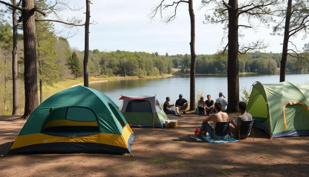 Campsite at Kickapoo State Park with tents set up among trees near one of the lakes