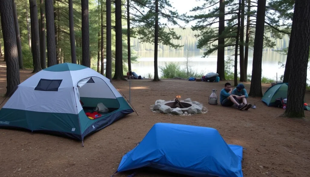 Campsite at Kinkaid Lake State Park with tent set up among trees with lake view in background