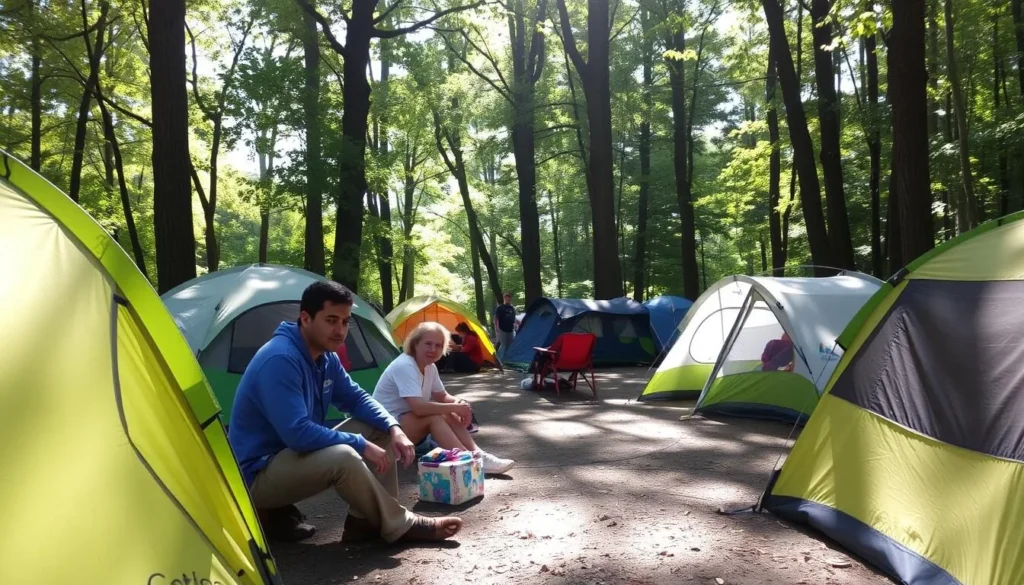 Campsite at Lackawanna State Park with tents set up among trees near the lake Campsite at Lackawanna State Park with tents set up among trees near the lake
