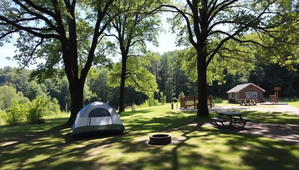 Campsite at Little Buffalo State Park with tent set up under trees Campsite at Little Buffalo State Park with tent set up under trees
