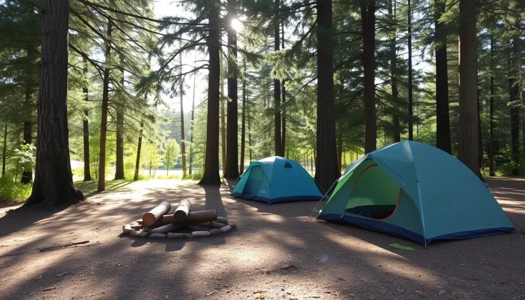 Campsite at Locust Lake State Park with tents and campfire Campsite at Locust Lake State Park with tents and campfire