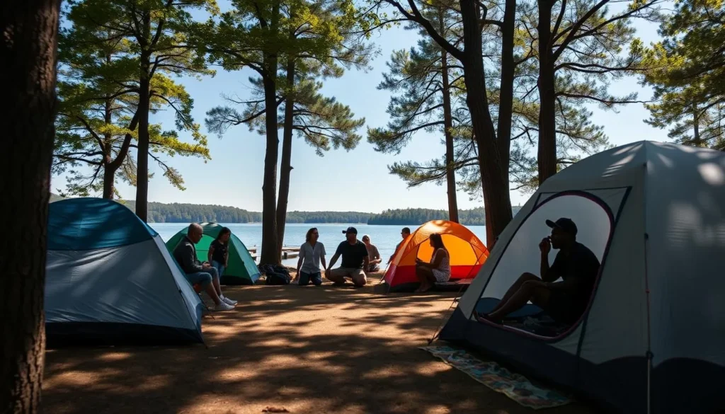 Campsite at Locust Lake State Park with tents set up among trees near the lake Campsite at Locust Lake State Park with tents set up among trees near the lake