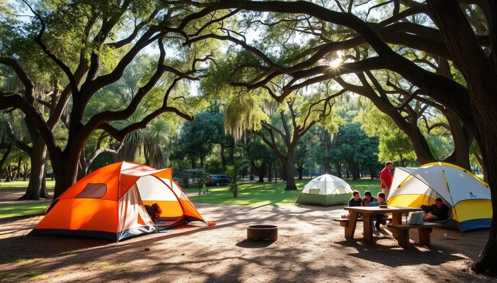 Campsite at Manatee Springs State Park with tents set up under tree canopy