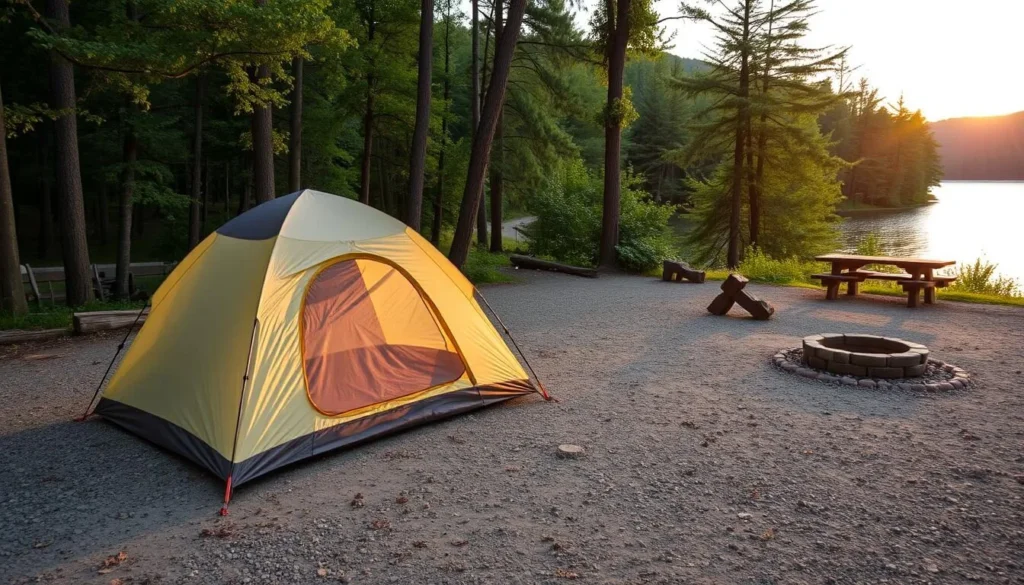 Campsite at Mauch Chunk Lake Park with tent and campfire Campsite at Mauch Chunk Lake Park with tent and campfire