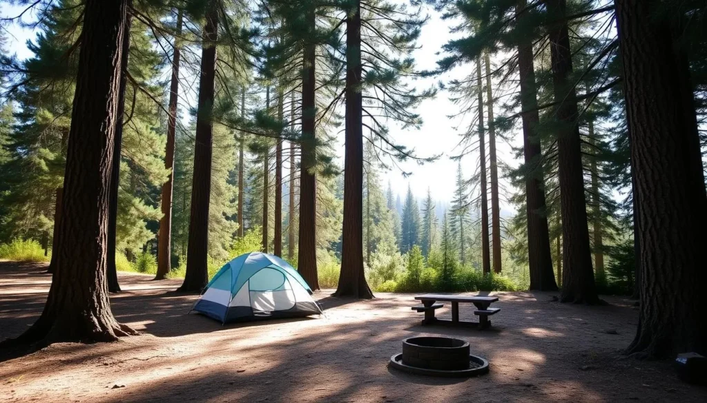 Campsite at McArthur-Burney Falls Memorial State Park with tent setup among tall pine trees Campsite at McArthur-Burney Falls Memorial State Park with tent setup among tall pine trees