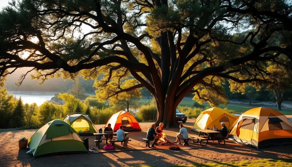 Campsite at McConnell State Recreation Area California with tents set up under shade trees Campsite at McConnell State Recreation Area California with tents set up under shade trees