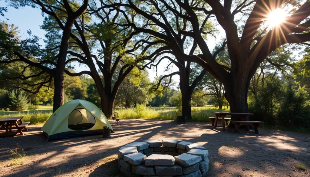 Campsite at Middle Fork Campground with tent set up under trees and a campfire ring Campsite at Middle Fork Campground with tent set up under trees and a campfire ring