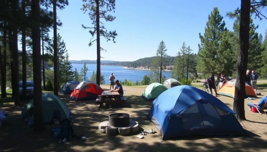 Campsite at Millerton Lake State Recreation Area California with tents and lake view Campsite at Millerton Lake State Recreation Area California with tents and lake view