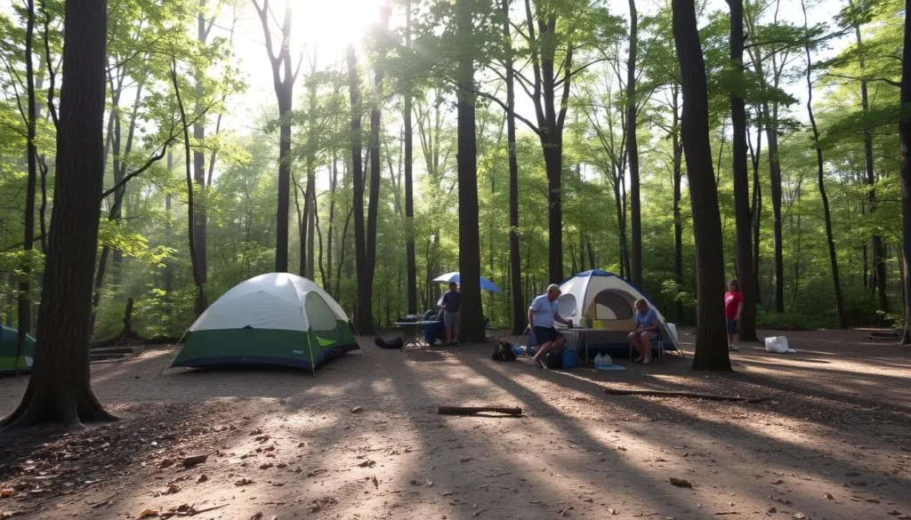 Campsite at Mississippi Palisades State Park with tents set up among trees with morning light filtering through