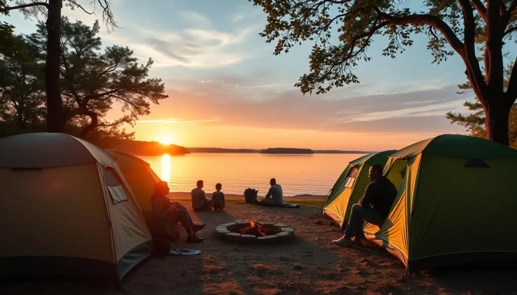 Campsite at Newton Lake State Park with tents set up near the shoreline and a beautiful sunset over the lake Campsite at Newton Lake State Park with tents set up near the shoreline and a beautiful sunset over the lake
