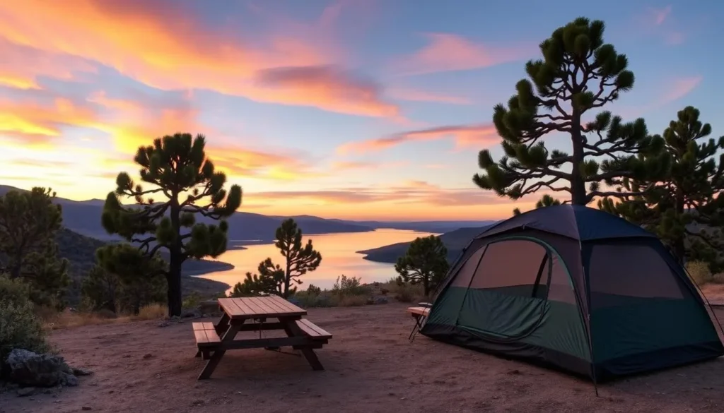 Campsite at Riana Campground overlooking Abiquiu Lake at sunset Campsite at Riana Campground overlooking Abiquiu Lake at sunset