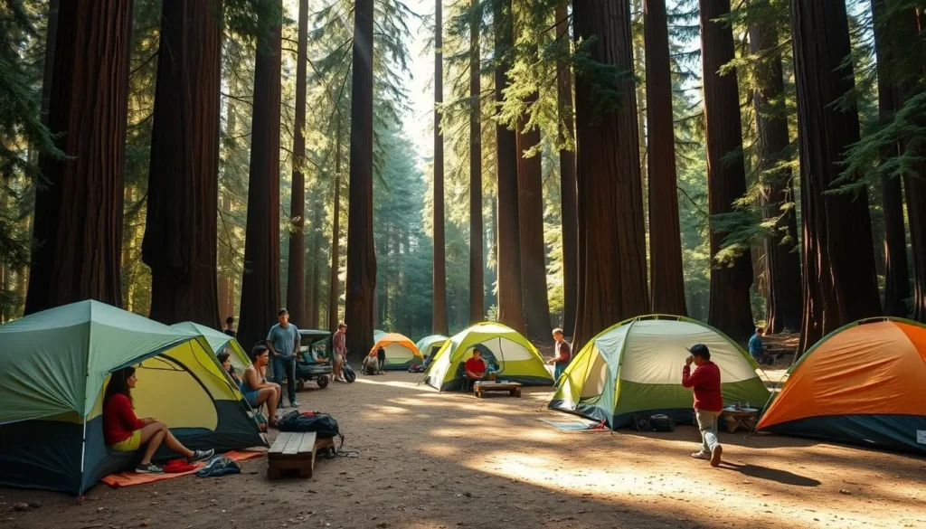 Campsite at Russian Gulch State Park surrounded by redwood trees with a diverse group of campers setting up tents Campsite at Russian Gulch State Park surrounded by redwood trees with a diverse group of campers setting up tents