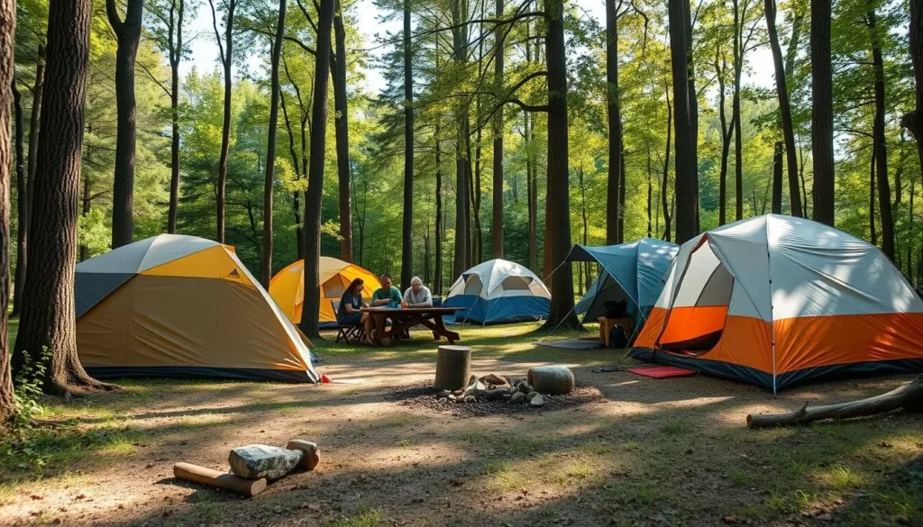 Campsite at Ryerson Station State Park with tents set up among trees Campsite at Ryerson Station State Park with tents set up among trees