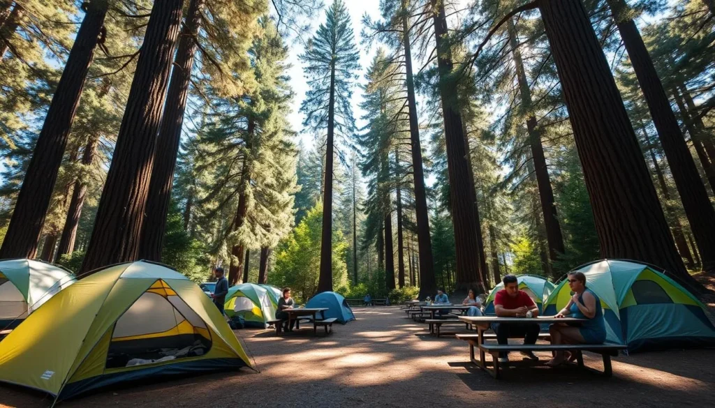 Campsite at Samuel P. Taylor State Park with tents set up among redwood trees Campsite at Samuel P. Taylor State Park with tents set up among redwood trees