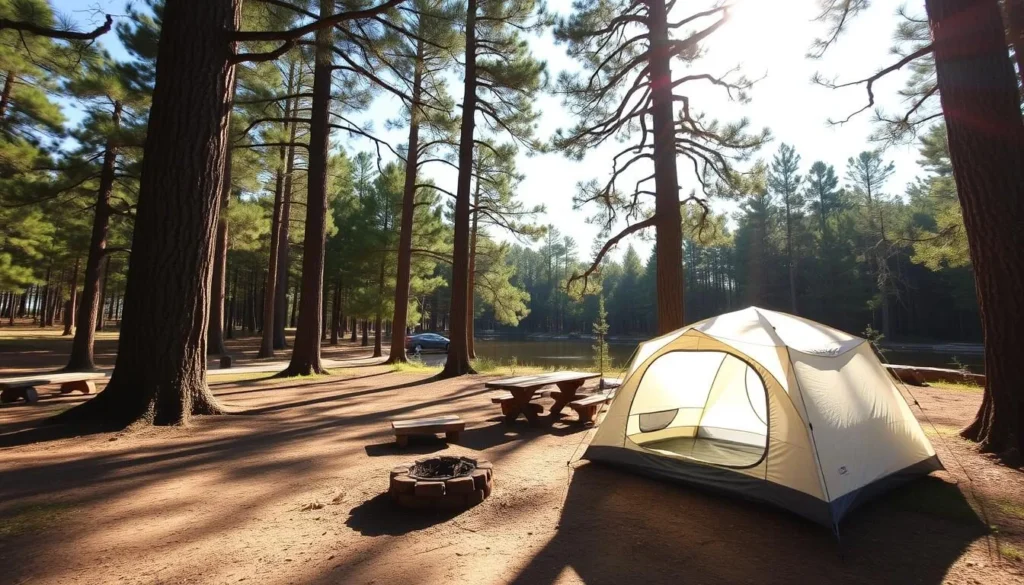 Campsite at Suwannee River State Park with tent and campfire