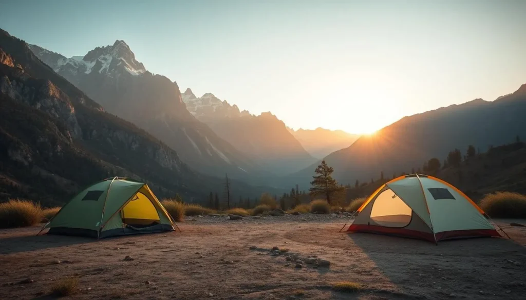 Campsite in Borena-Sayint National Park Ethiopia with tents set up against mountain backdrop