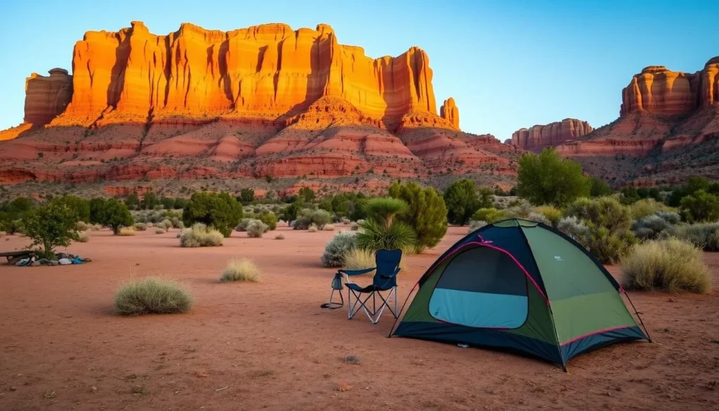 Campsite near El Malpais National Monument with tent setup and view of sandstone bluffs in the distance Campsite near El Malpais National Monument with tent setup and view of sandstone bluffs in the distance