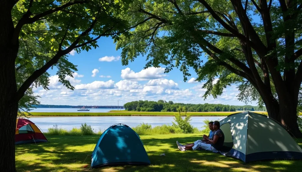Campsite near Kaskaskia Island with tents and Mississippi River view Campsite near Kaskaskia Island with tents and Mississippi River view