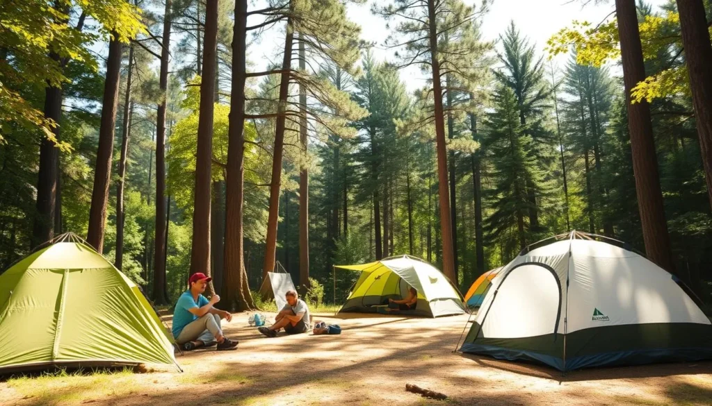 Campsite near Prouty Place State Park with tents set up among trees Campsite near Prouty Place State Park with tents set up among trees
