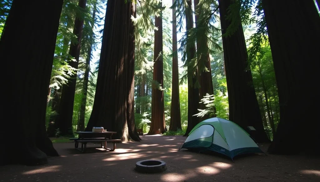 Campsite nestled among redwood trees in Jedediah Smith Redwoods State Park Campsite nestled among redwood trees in Jedediah Smith Redwoods State Park