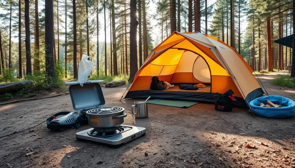 Campsite setup at Lake Sherwood showing tent, cooking area, and organized gear Campsite setup at Lake Sherwood showing tent, cooking area, and organized gear