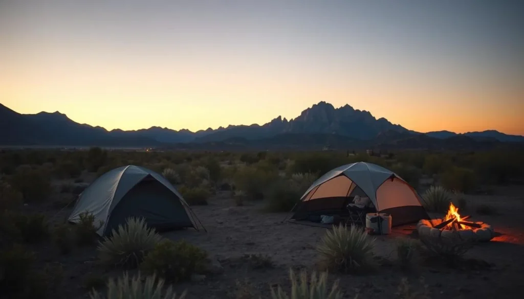 Campsite setup in Kofa National Wildlife Refuge with mountains in background at sunset Campsite setup in Kofa National Wildlife Refuge with mountains in background at sunset
