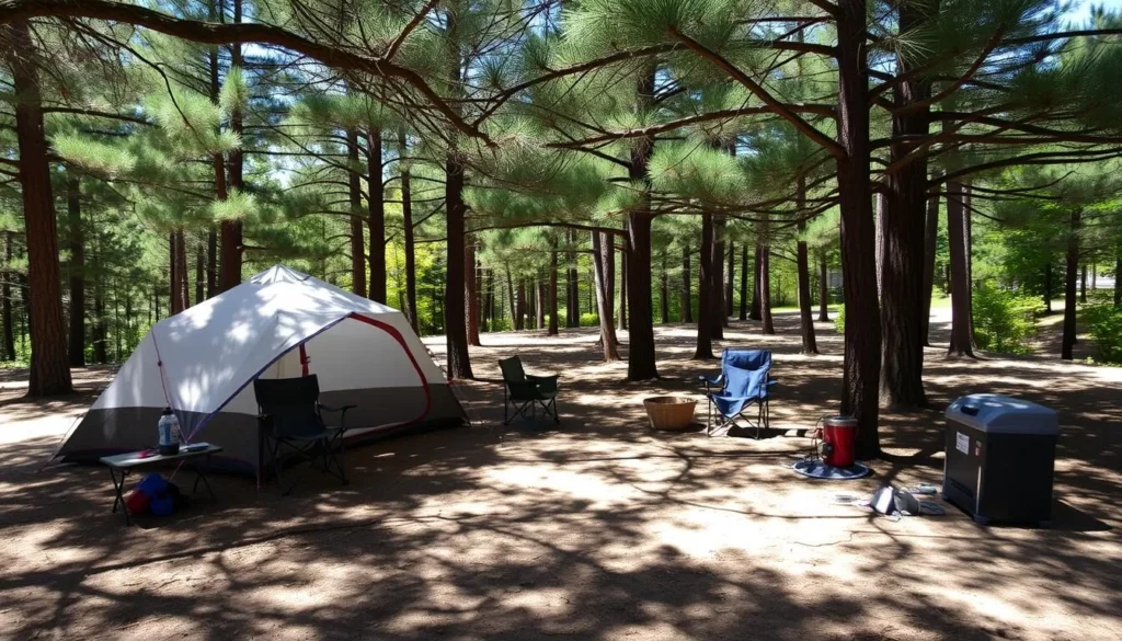 Campsite with tent and camping gear at Johnson-Sauk Trail State Park Illinois Campsite with tent and camping gear at Johnson-Sauk Trail State Park Illinois