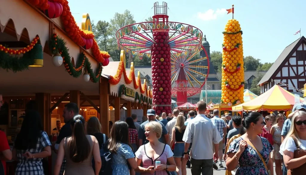 Cannstatter Volksfest beer festival in Stuttgart showing traditional beer tents, carnival rides, and diverse visitors enjoying the festivities