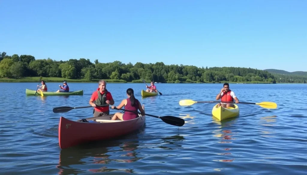 Canoes and kayaks on Memorial Lake with paddlers enjoying the water Canoes and kayaks on Memorial Lake with paddlers enjoying the water