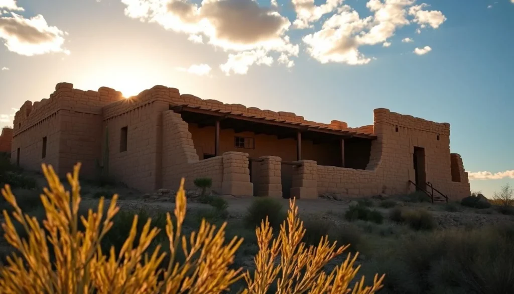 Casa Grande Ruins during golden hour with beautiful lighting on the ancient structures