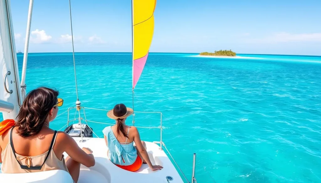 Catamaran sailing near Cayo Blanco with tourists enjoying the trip