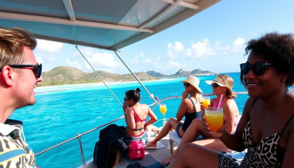 Catamaran sailing to Pinel Island from Lowlands Catamaran sailing to Pinel Island from Lowlands