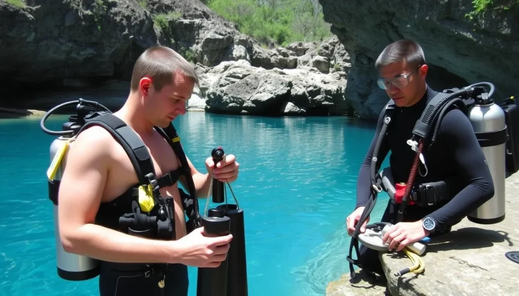 Cave divers preparing to enter Peacock Springs at Wes Skiles Peacock Springs State Park Florida Cave divers preparing to enter Peacock Springs at Wes Skiles Peacock Springs State Park Florida