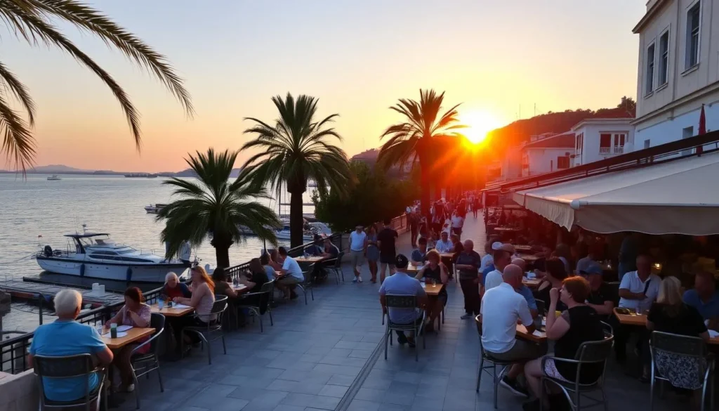 Cavtat's promenade during golden hour with people enjoying outdoor dining and the sunset