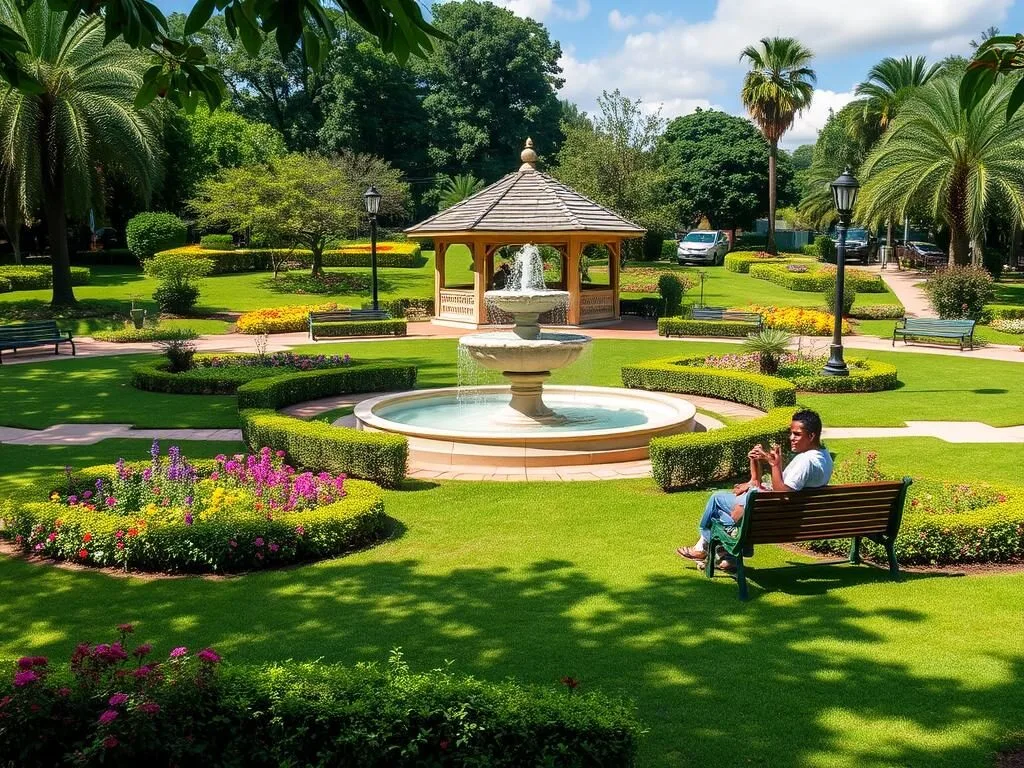 Cecil Charlton Park with its beautiful gardens, fountain, and gazebo on a sunny day