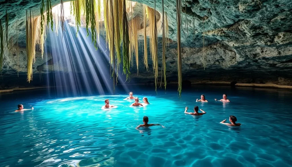 Cenote Ik Kil near Chichen Itza with crystal clear water and hanging vines