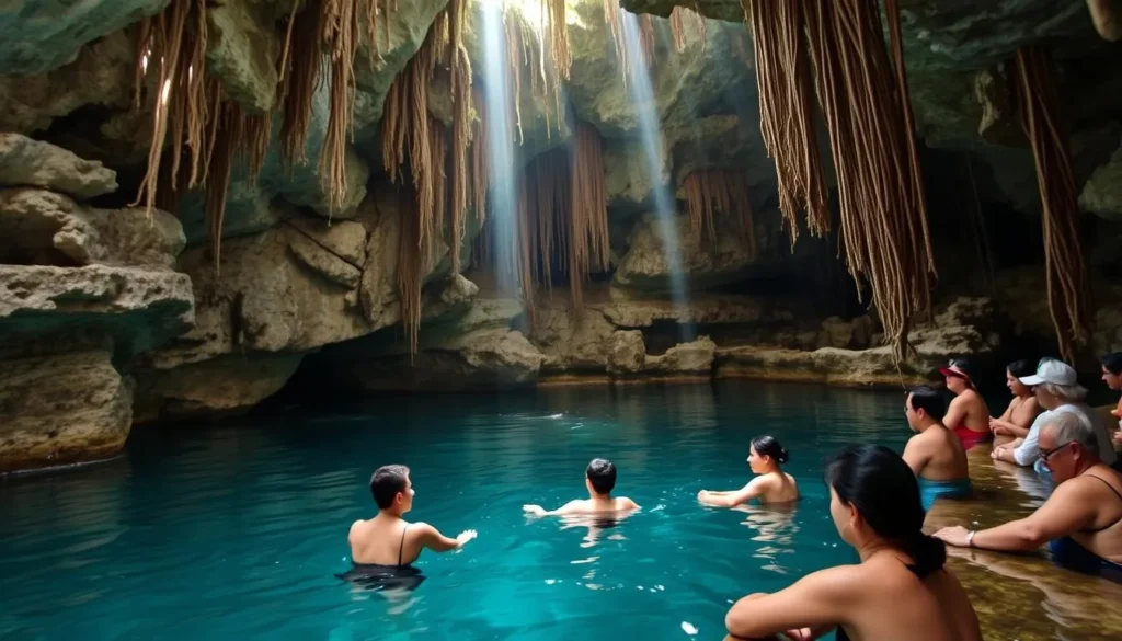 Cenote near Merida Mexico with crystal clear turquoise water and limestone formations