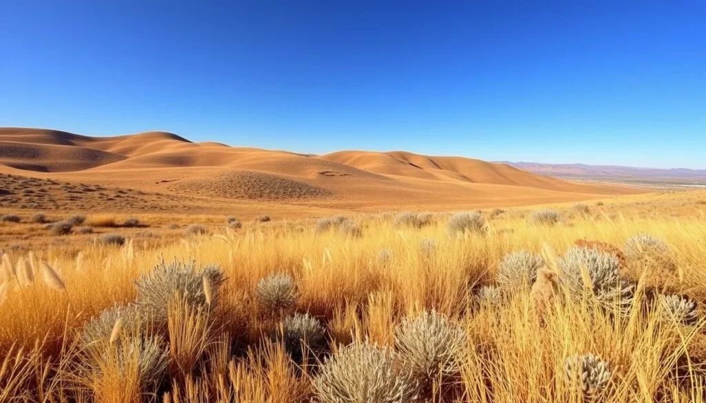 Cerrillos Hills State Park in autumn with golden vegetation and clear blue skies
