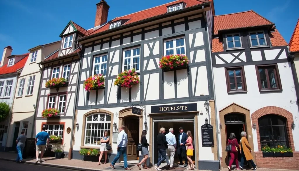 Charming hotel in Rostock's old town with traditional architecture and flower boxes on a sunny day