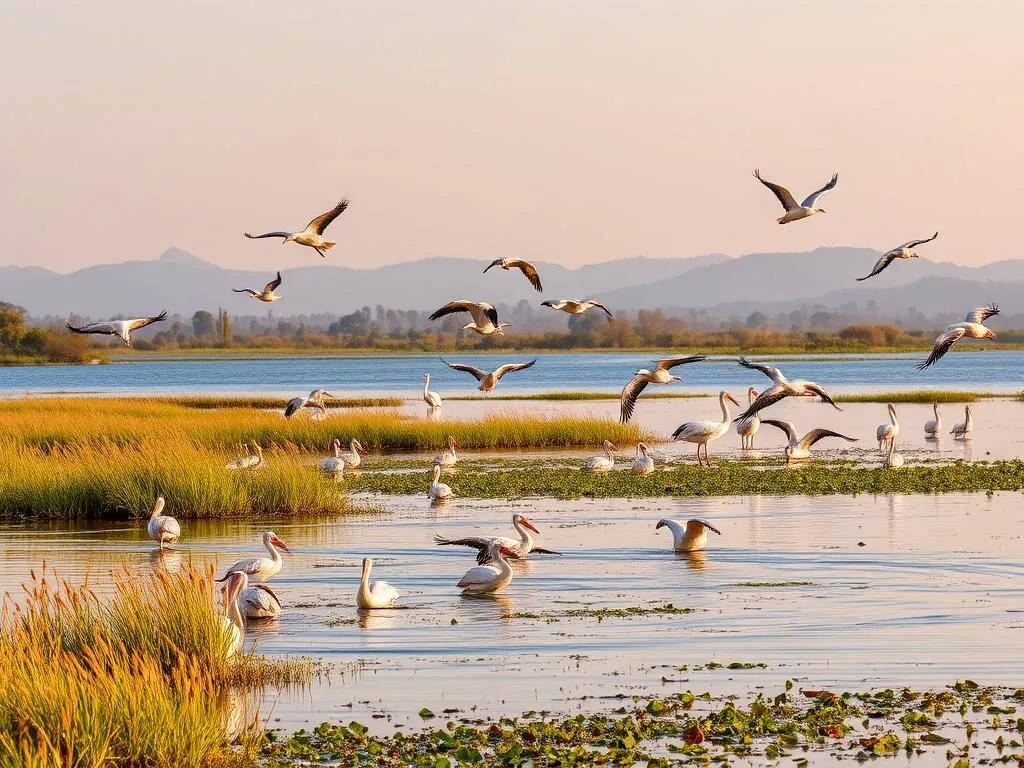 Cheleleka Wetlands with diverse birdlife including pelicans and waterfowl in their natural habitat