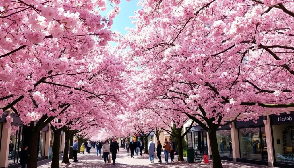 Cherry blossom trees in full bloom creating a pink tunnel over a street in Bonn during spring