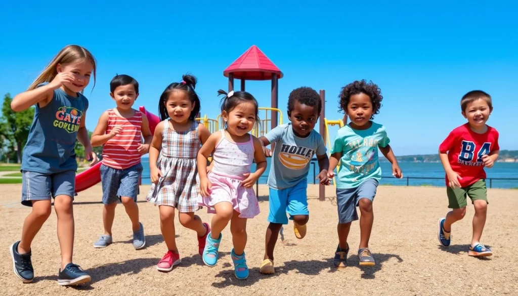 Children playing at a playground near Dam West Beach at Carlyle Lake