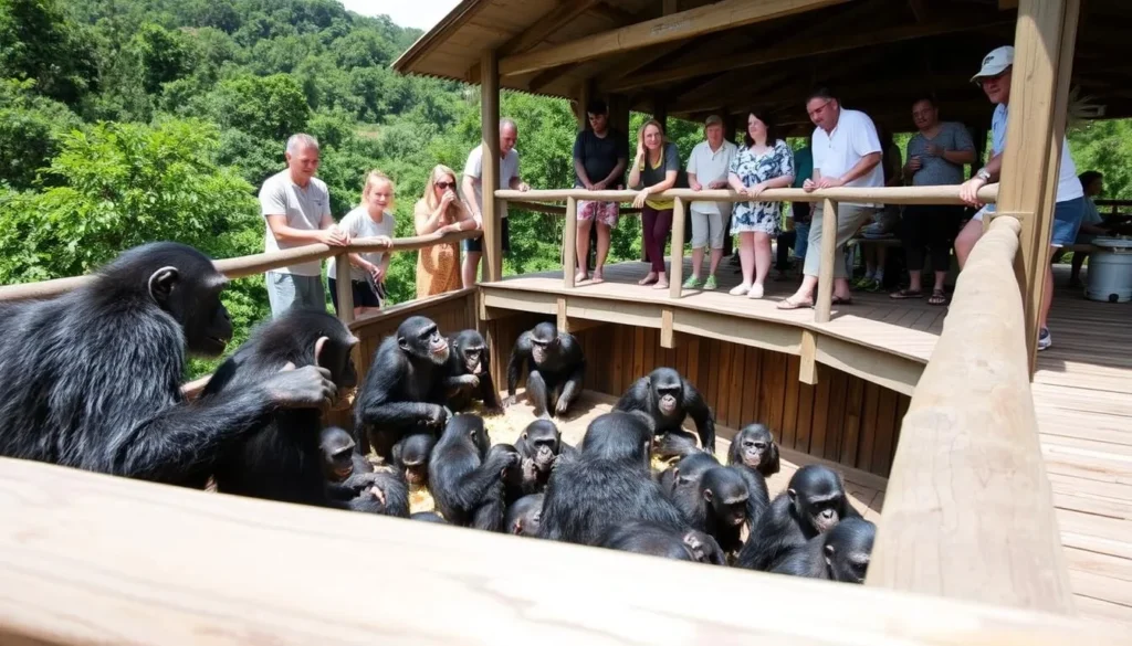 Chimpanzee feeding time at Ngamba Island Sanctuary with visitors observing from platform Chimpanzee feeding time at Ngamba Island Sanctuary with visitors observing from platform