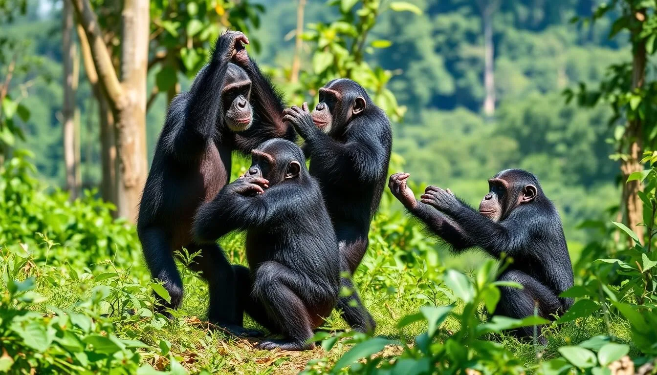 Chimpanzees-playing-in-the-forest-at-Ngamba-Island-Chimpanzee-Sanctuary-Uganda Chimpanzees playing in the forest at Ngamba Island Chimpanzee Sanctuary Uganda