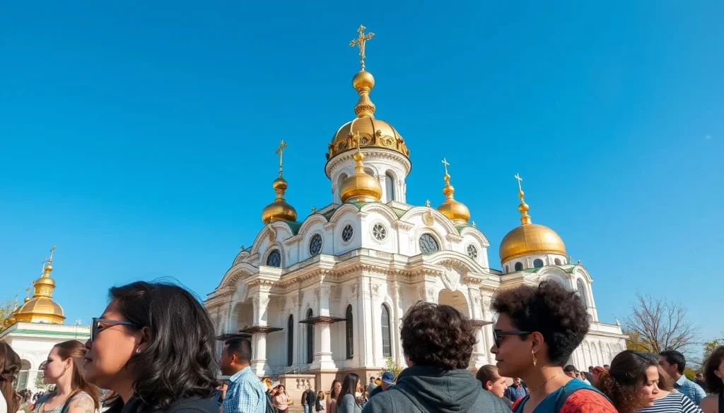 Church on the Blood in Yekaterinburg with golden domes against blue sky