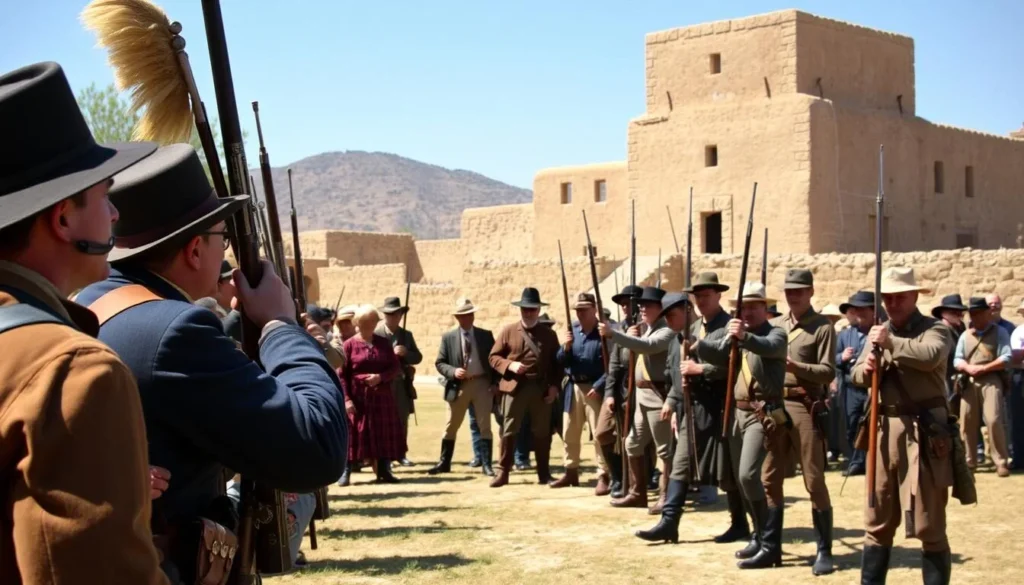 Civil War reenactors in period costume demonstrating military drills at Fort Tejon Civil War reenactors in period costume demonstrating military drills at Fort Tejon