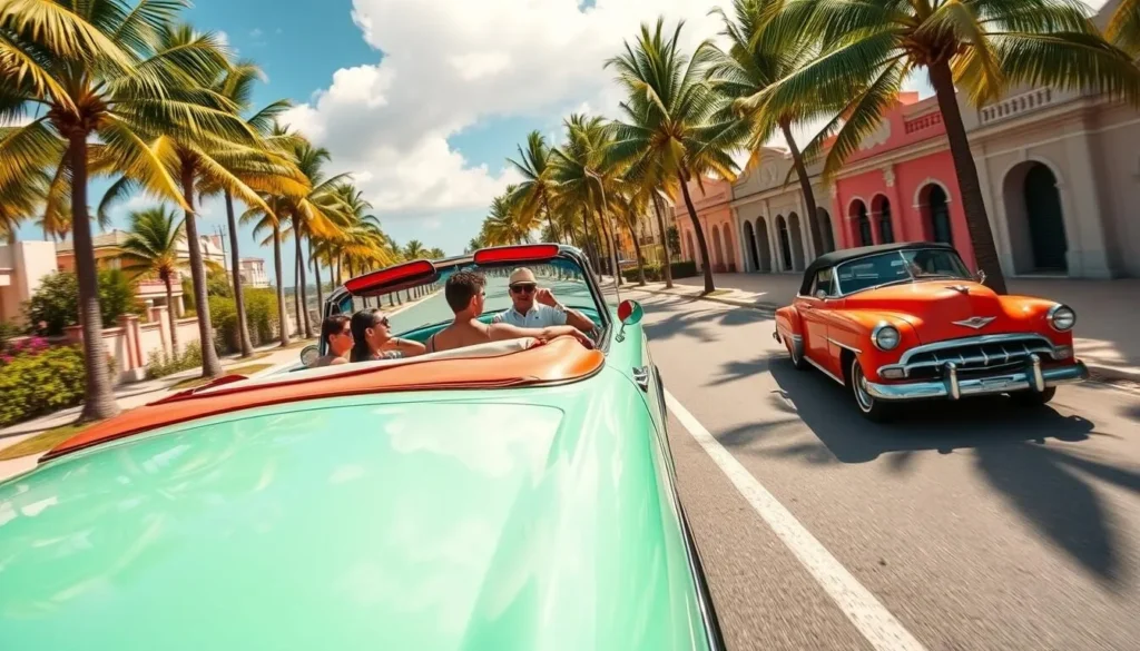 Classic American convertible car in Varadero with tourists enjoying a ride