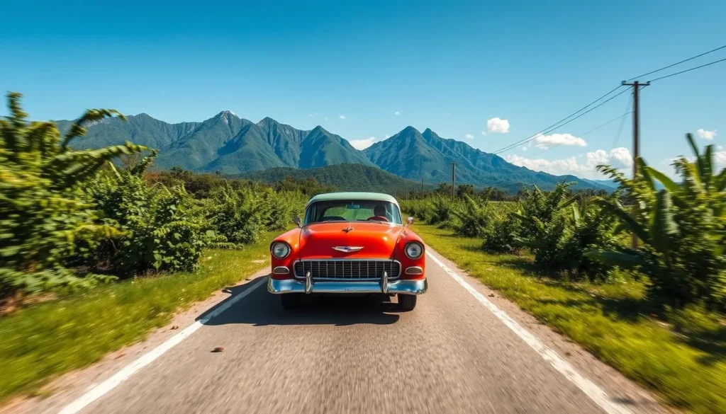 Classic vintage American car driving on a rural road toward Viñales with mogotes visible in the distance