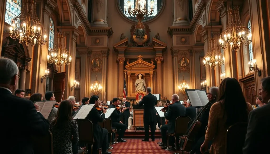 Classical music concert in one of Prague's historic churches with musicians and audience